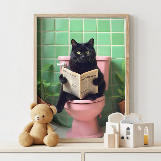 Bathroom Cat Print reading on Toilet(Printable+Physical)