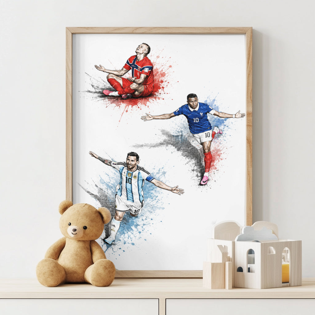 Football Legends Trio Messi Mbappe Haaland Celebration Sketch Wall Art Poster (Printable+Physical)