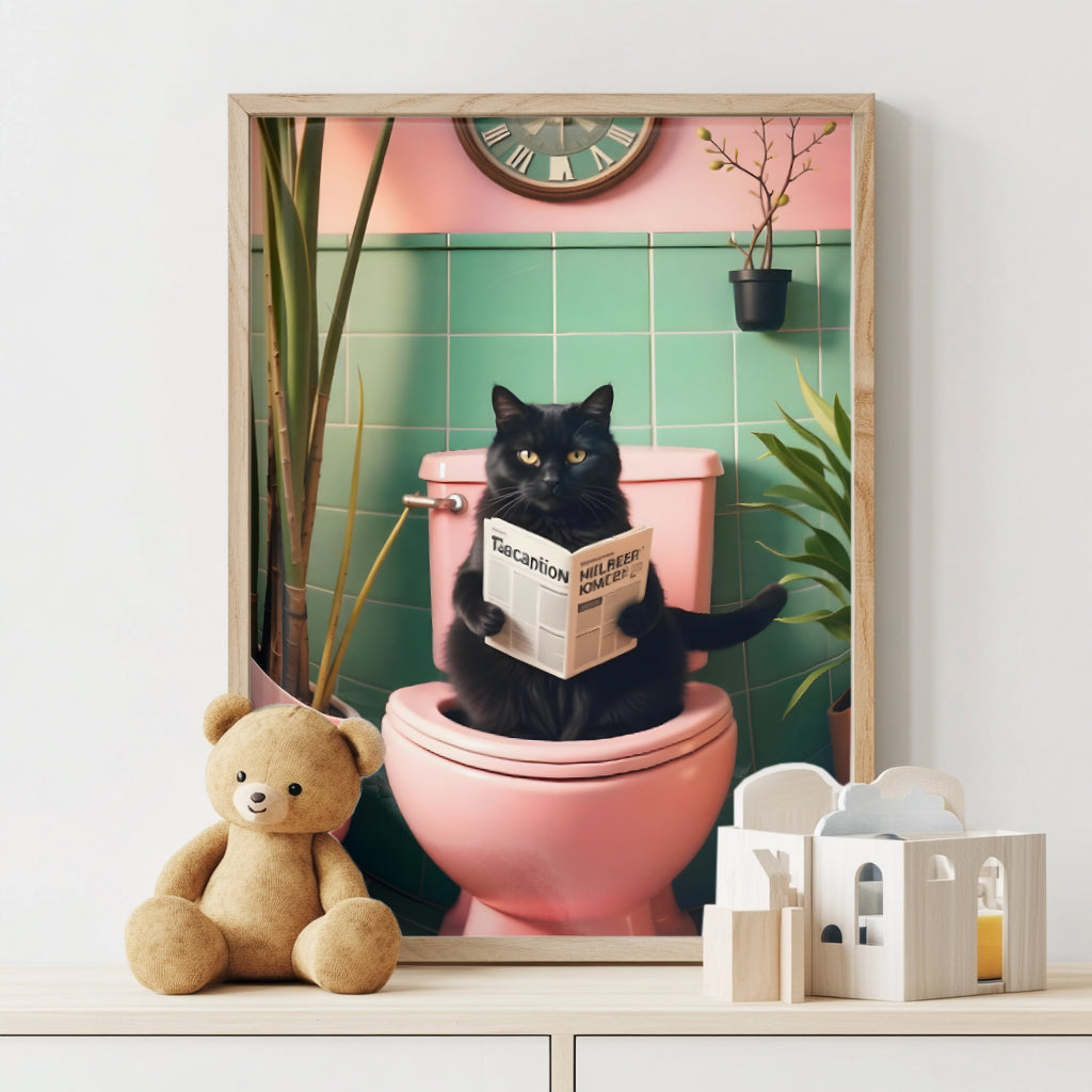 Bathroom Cat Print reading on Toilet(Printable+Physical)