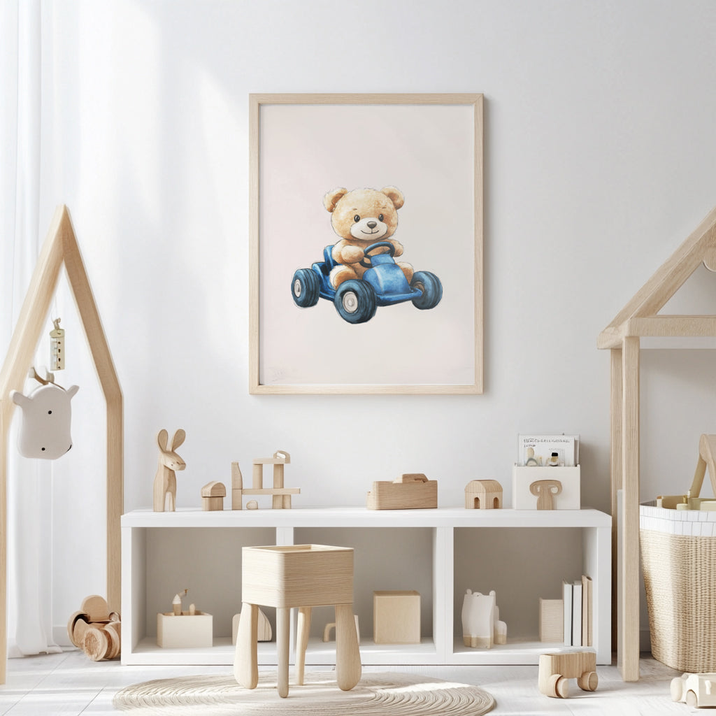 Retro Teddy Bear Blue Race Car Print (Printable+Physical)