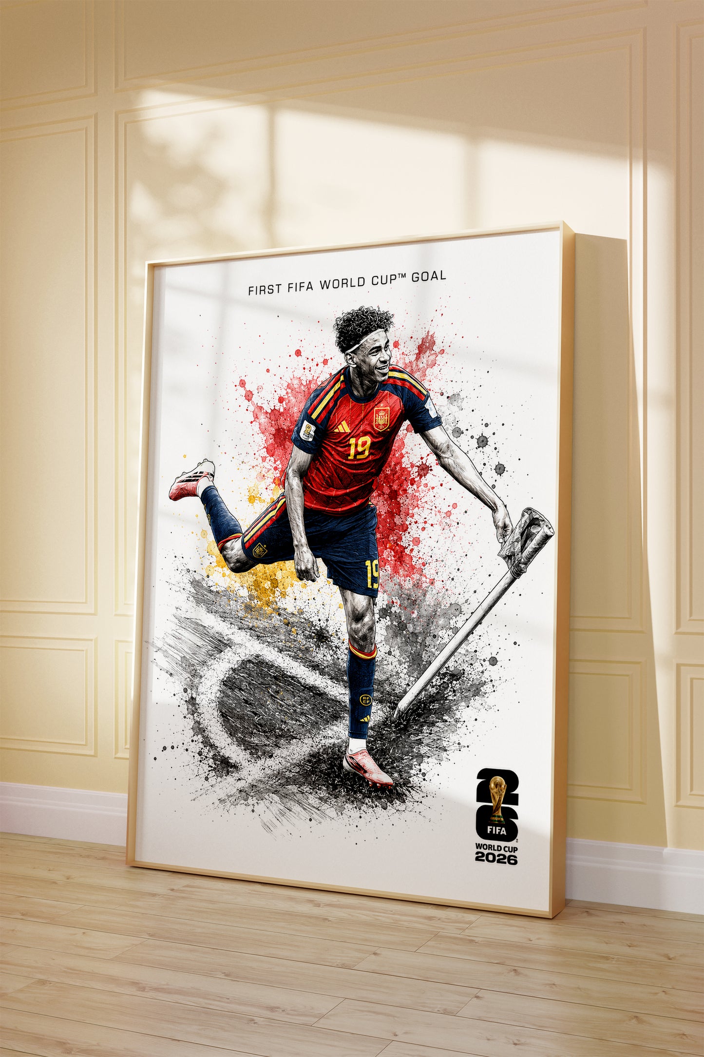 Lamine Yamal Spain First FIFA World Cup Goal Poster Corner Flag Celebration Splatter Wall Art (Printable+Physical)