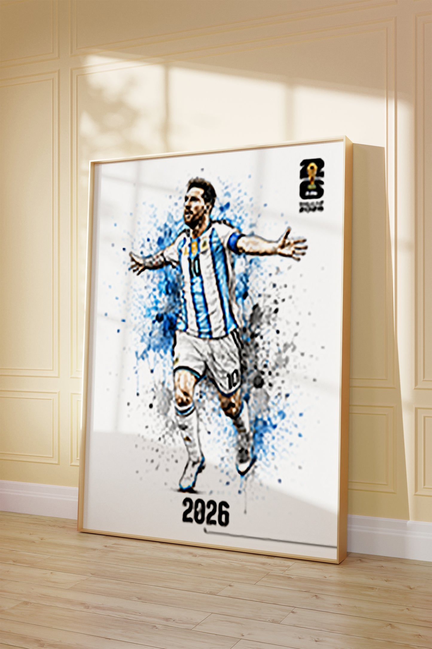 Lionel Messi Argentina 2026 World Cup Poster Arms Outstretched Watercolor Football Wall Art (Printable+Physical)