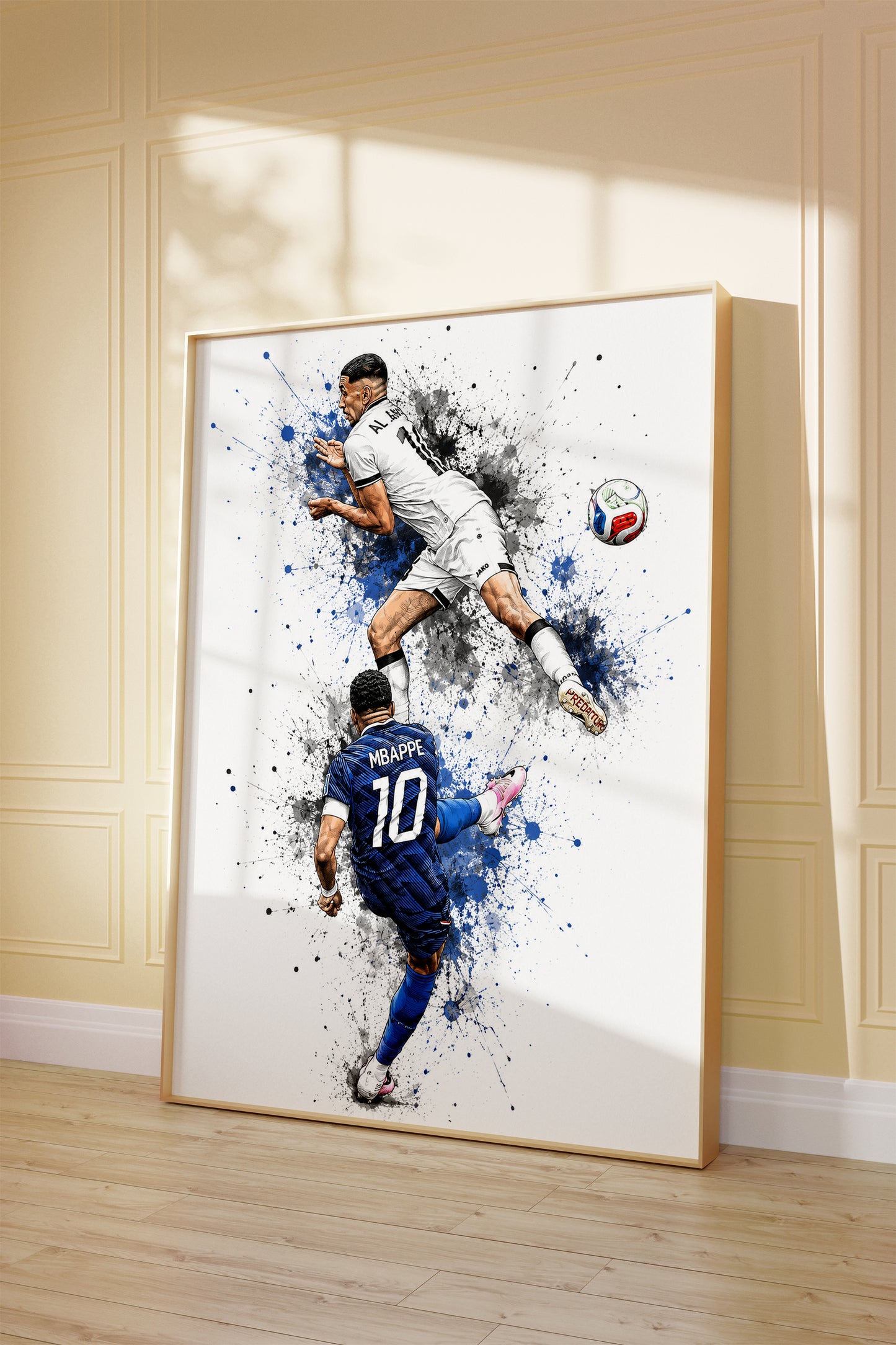 Mbappe Dual Action Football Poster Airborne Volley Watercolor Soccer Wall Art (Printable+Physical)