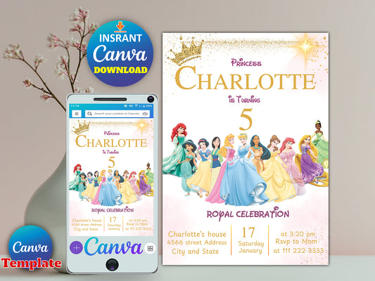 Watercolor Princess Birthday Party Invitation(Printable)