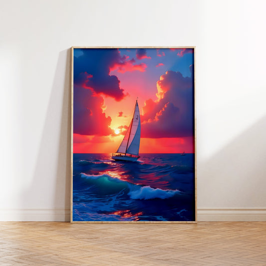 Colourful Boat Oil Painting Impasto Fishermen in Canoe at Sunset Boat Print Wall Art(Printable+Physical)