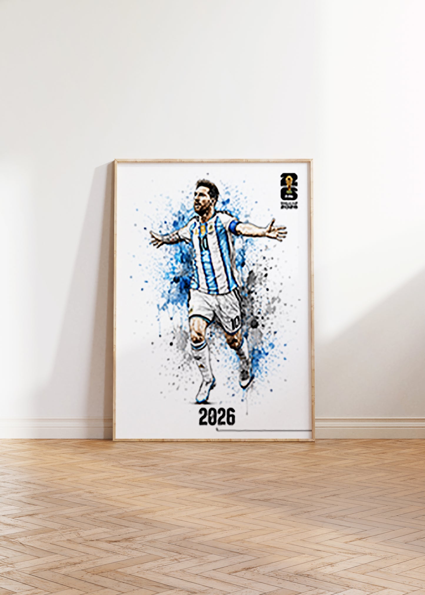 Lionel Messi Argentina 2026 World Cup Poster Arms Outstretched Watercolor Football Wall Art (Printable+Physical)
