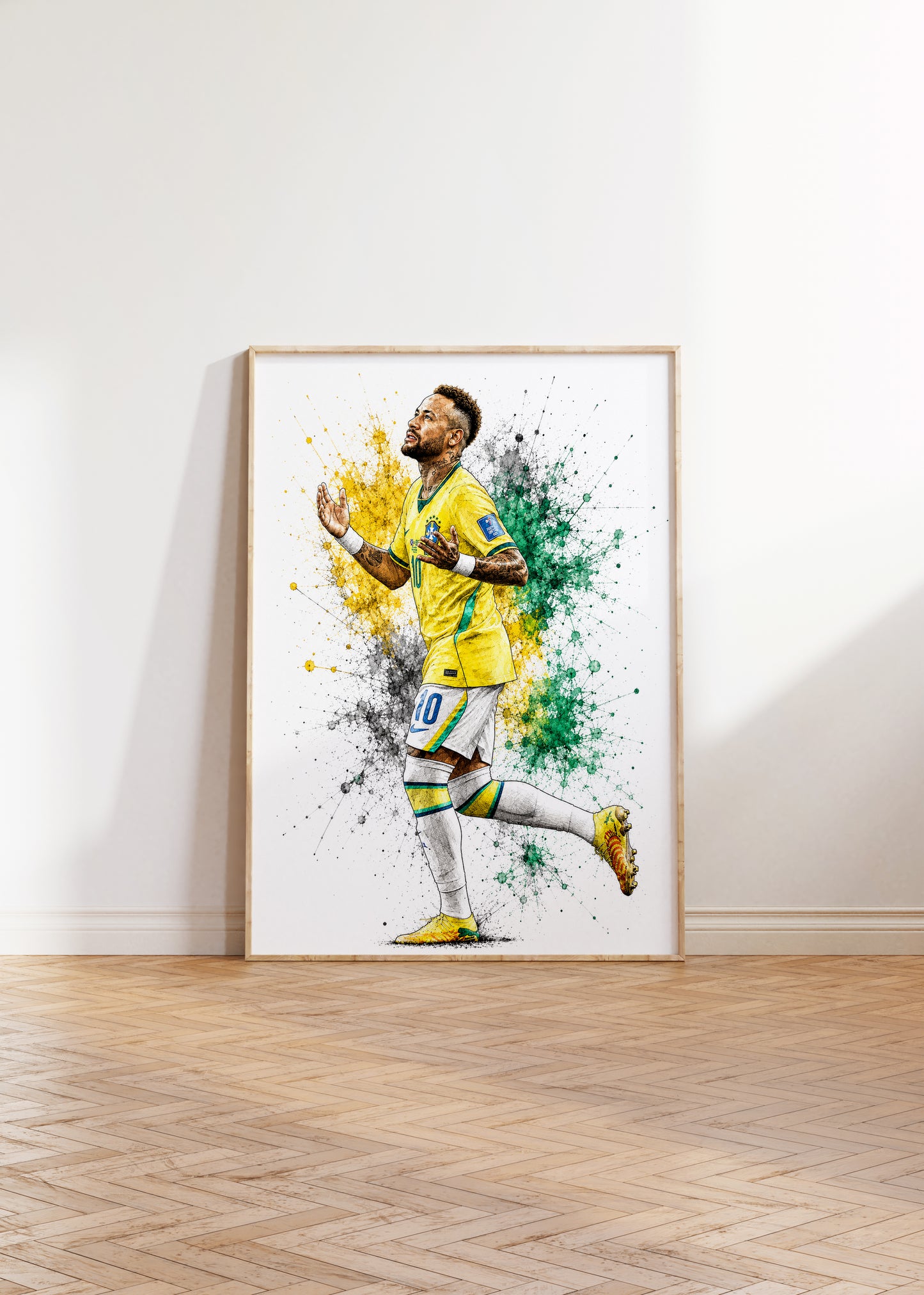 Neymar Jr Brazil Looking Up to Sky Gratitude Celebration Watercolor Splatter Art Poster (Printable+Physical)