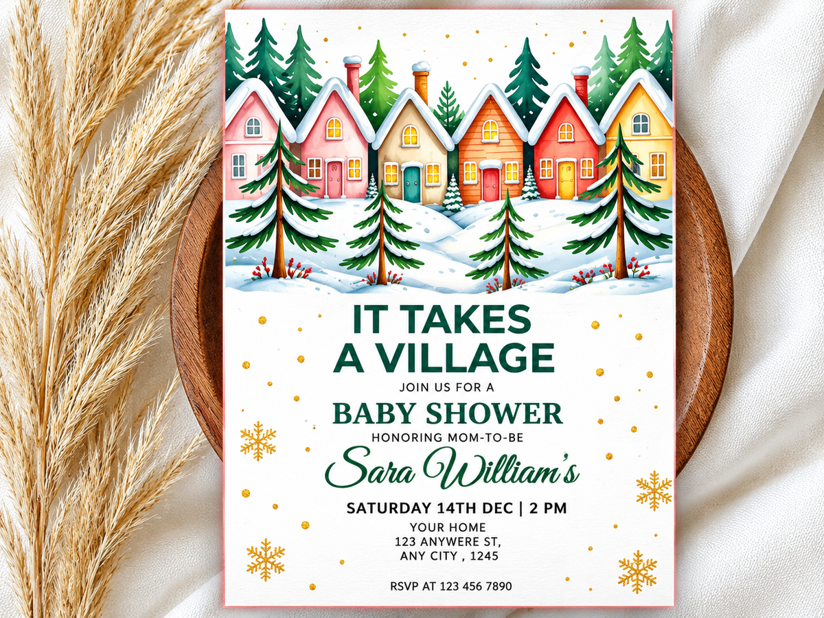 It Takes a Village Baby Shower Invitation, editable template, winter, pink, baby girl shower, Christmas, snow, 5x7, Canva, instant download