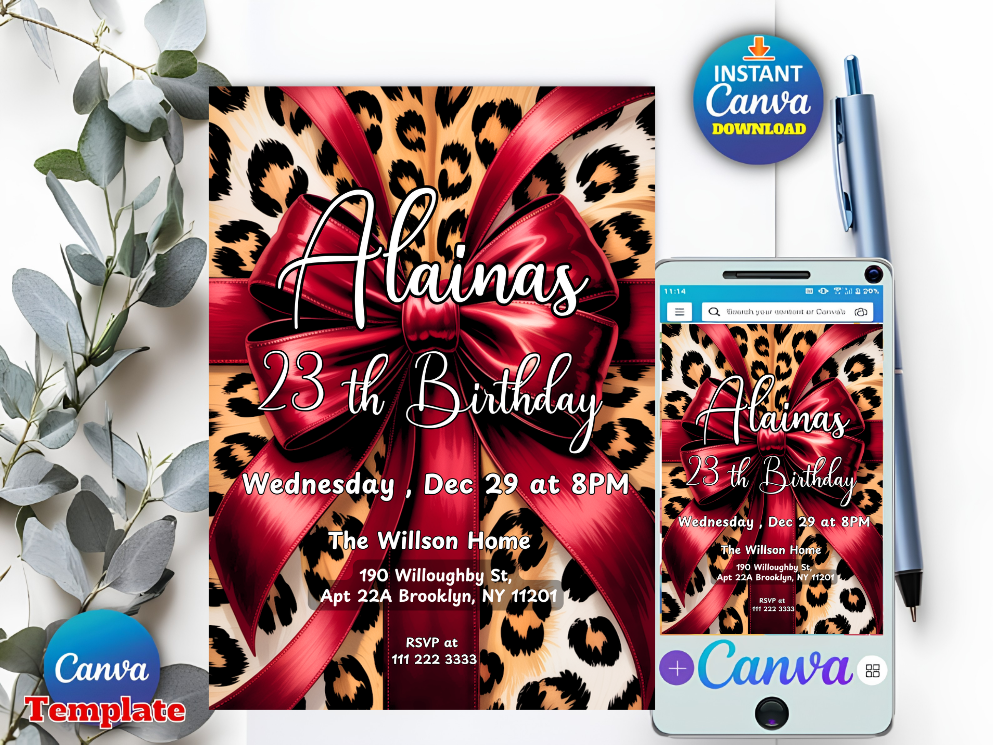 Cheetah Birthday Invitation, Red Bow Coquette Party