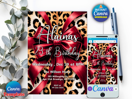 Cheetah Birthday Invitation, Red Bow Coquette Party