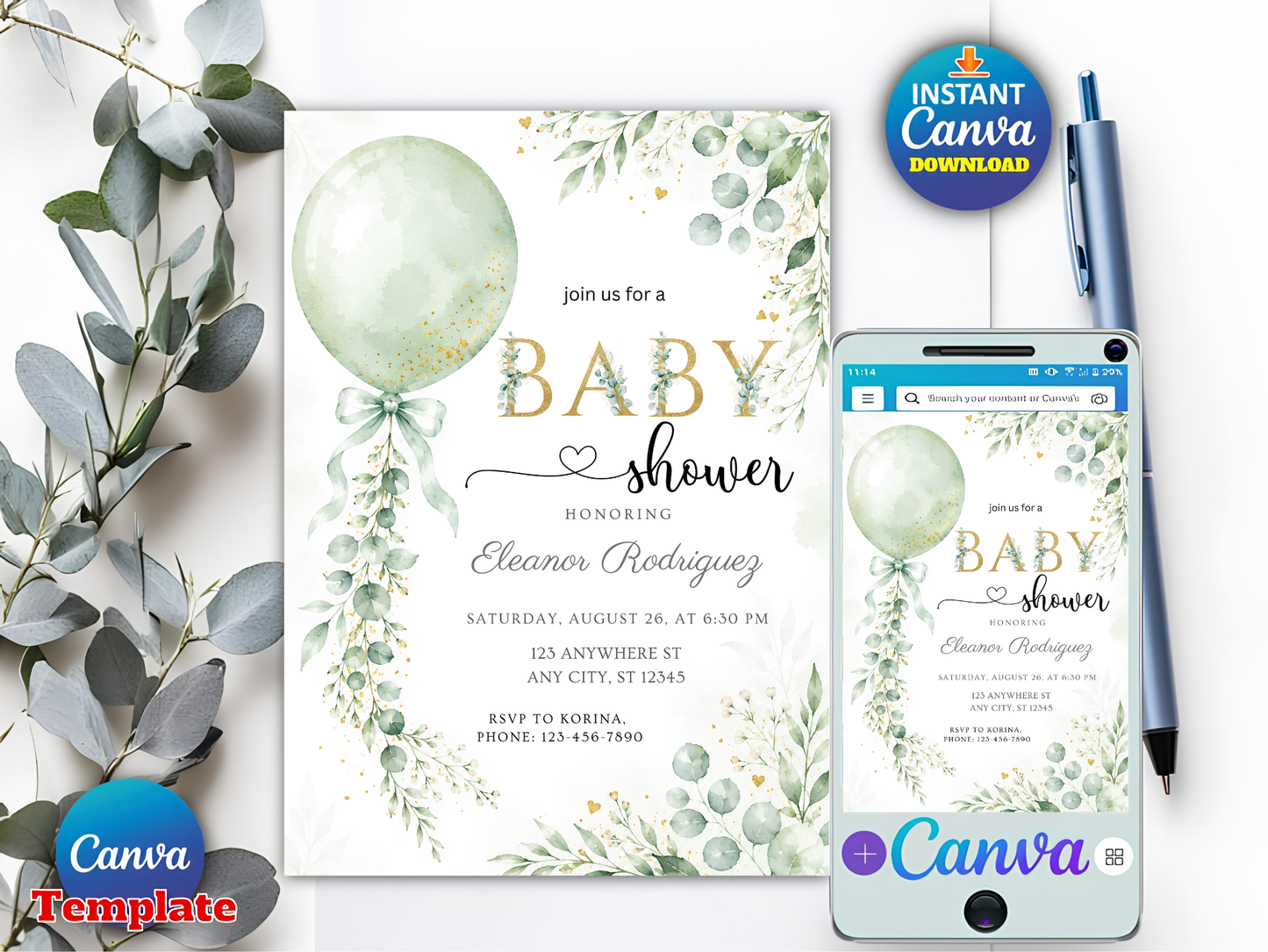Greenery Baby Shower Invitation Editable Template, Sage Green Balloon Eucalyptus Invite, Gold Glitter Baby Shower, Canva Template