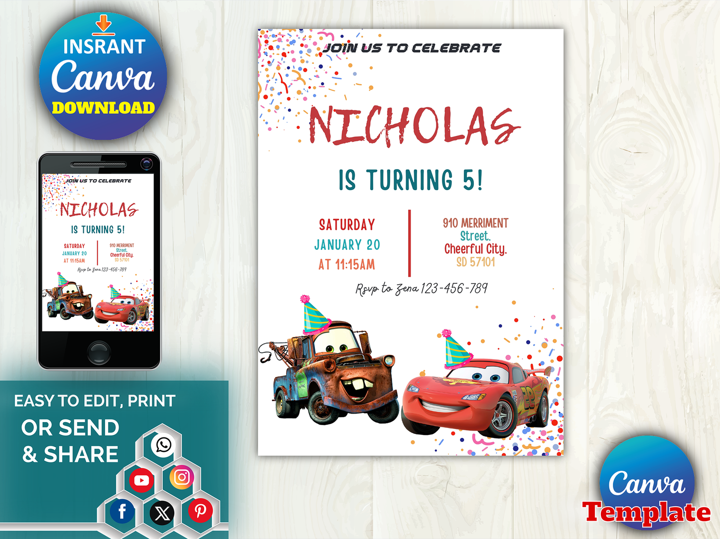 Disney Cars Theme 5th Birthday Invitation Canva Template Printable