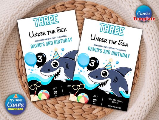 Editable Shark Three Under The Sea 3rd Birthday Party Invitation