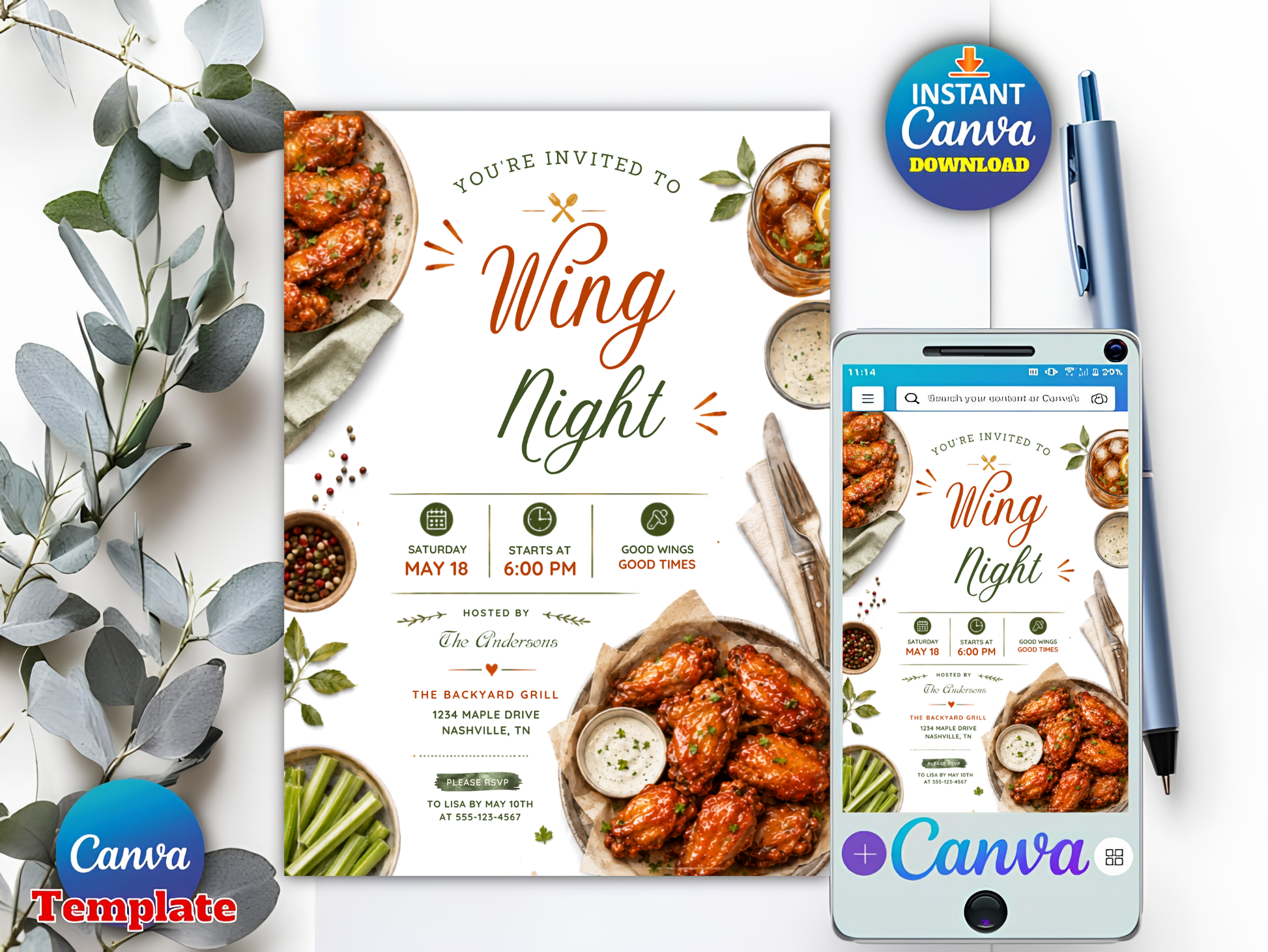 A promotional mockup for a Canva 'Wing Night' event invitation template, showing a printed card design and a smartphone screen preview beside decorative eucalyptus leaves, a pen, and Canva badges.