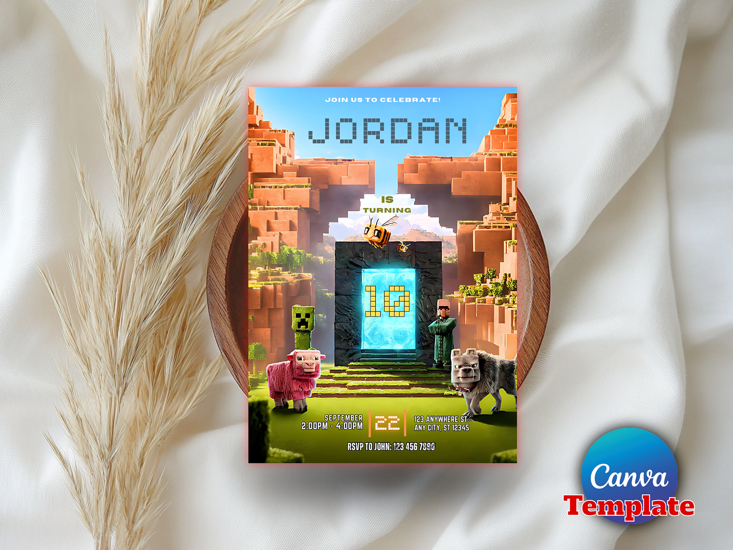 Minecraft Nether Portal Theme 10th Birthday Invitation Canva Template