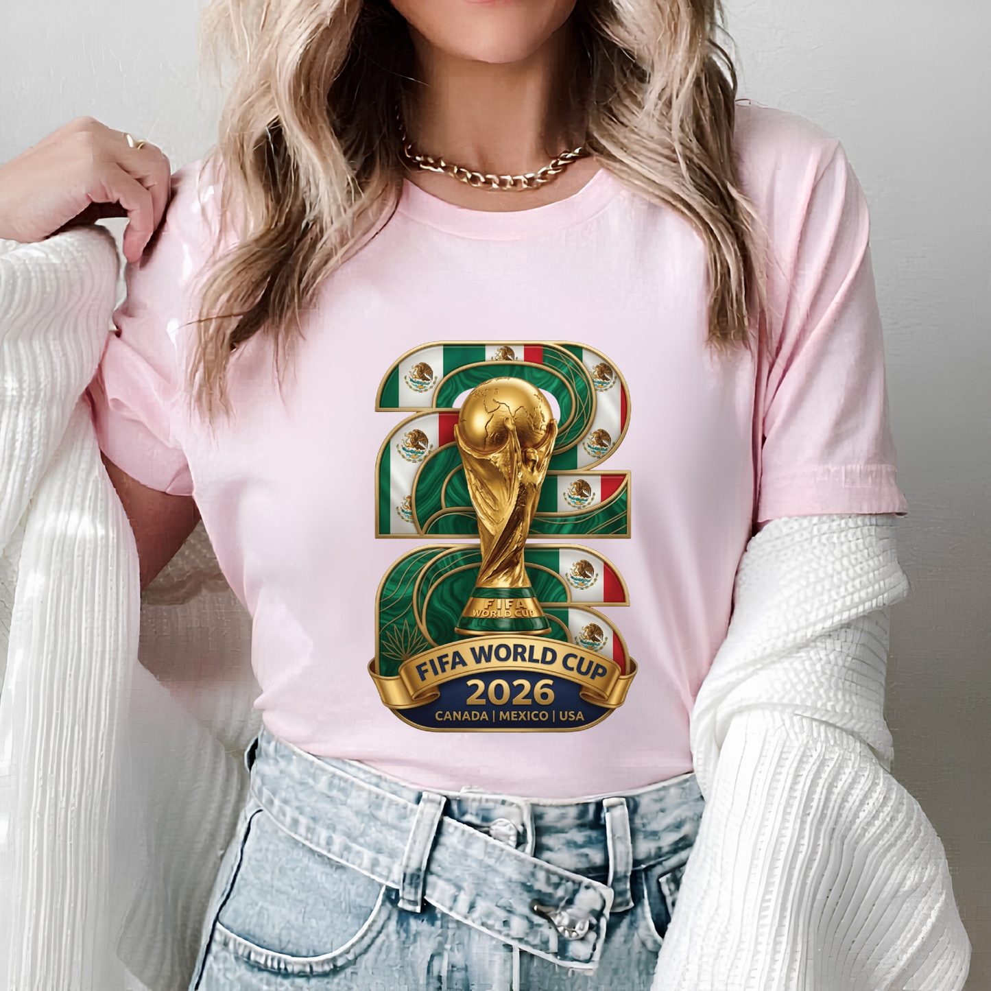 FIFA World Cup 2026 Gold Trophy Mexico Emblem White T-Shirt (physical)