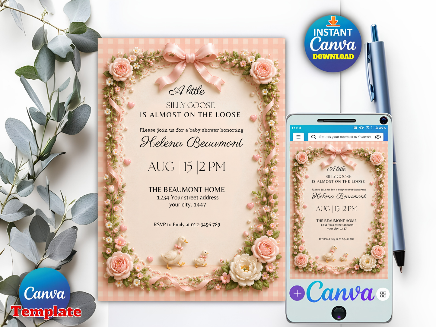 Silly Goose Baby Shower Invitation Girl, Pink Coquette Bow Goose Invite, A Little Silly Goose Is Almost On The Loose, Editable Canva Template Download