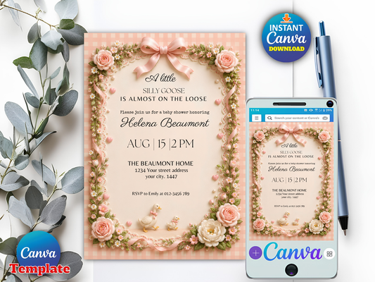 Silly Goose Baby Shower Invitation Girl, Pink Coquette Bow Goose Invite, A Little Silly Goose Is Almost On The Loose, Editable Canva Template Download