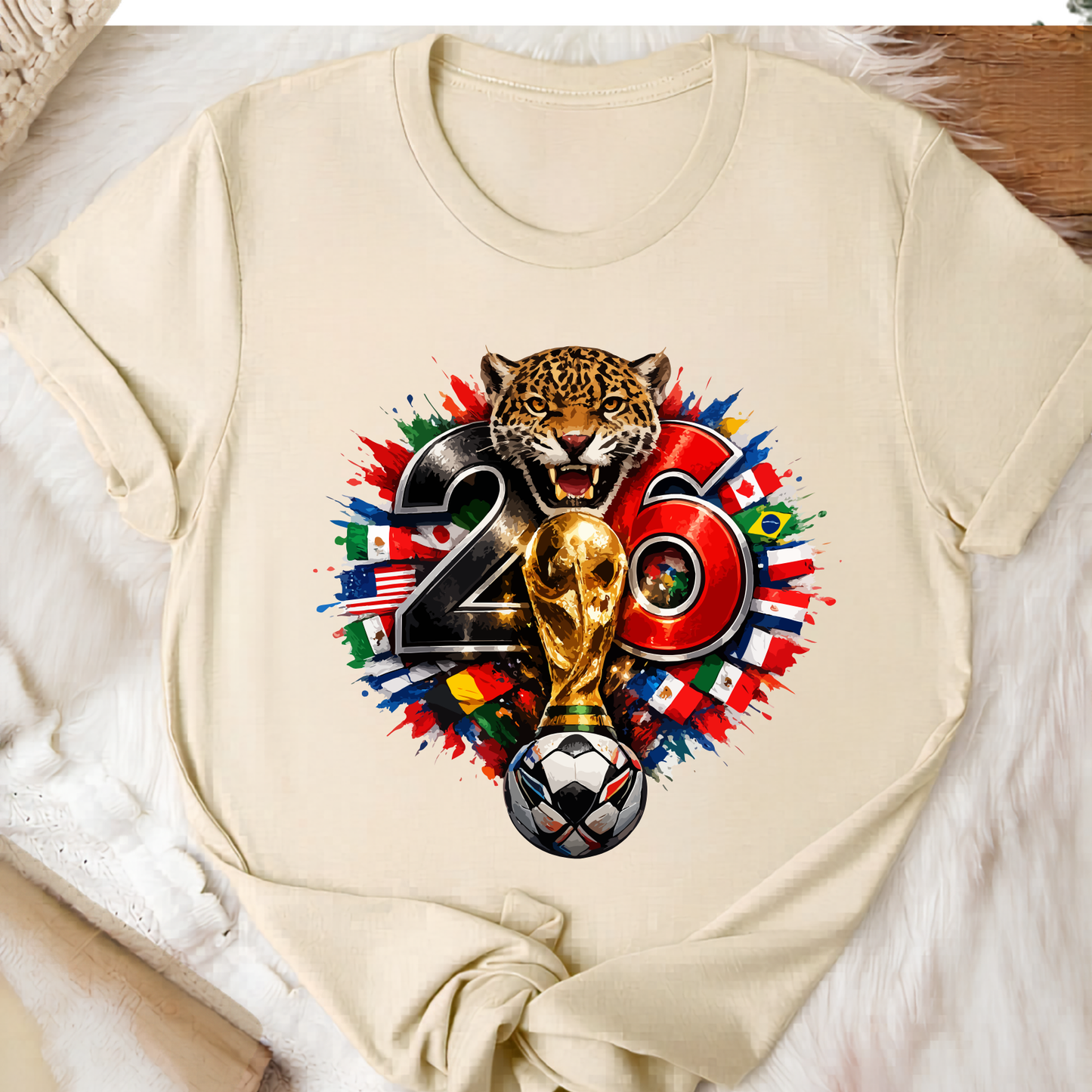 Fierce 2026 World Cup Jaguar Mascot T-Shirt - Global Flags & Trophy Soccer Fan Graphic Tee(physical)