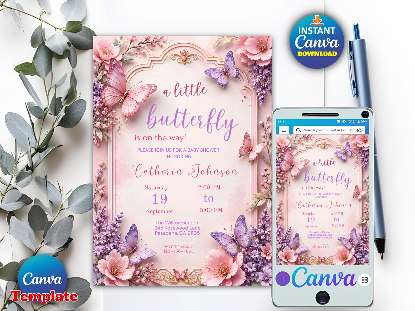 Butterfly Baby Shower Invitation Editable Template, Pink Purple Floral Butterfly Invite, Girl Baby Shower, Canva Template