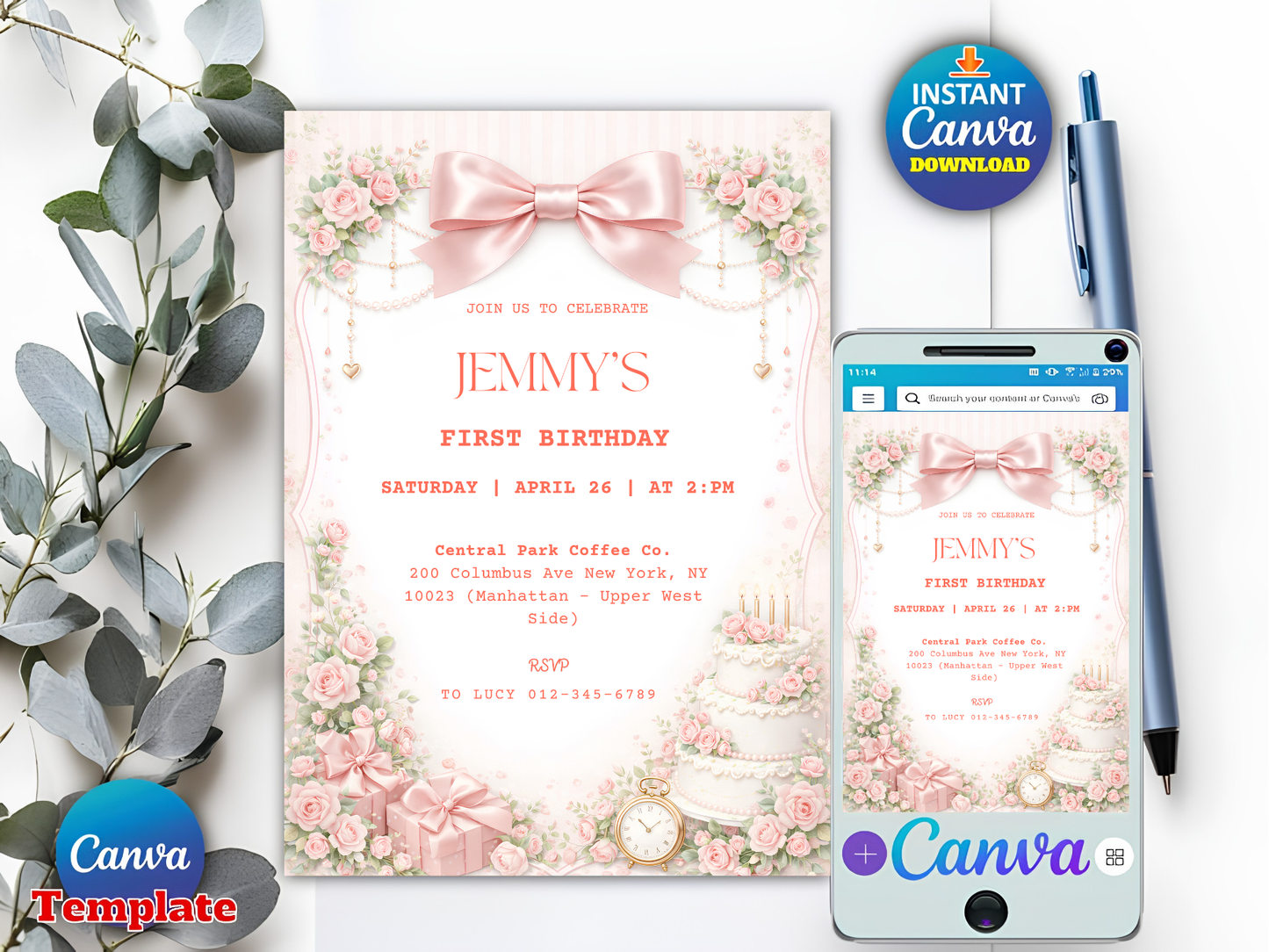 Editable Elegant Pink Rose 1st Birthday Invitation Template | Coquette Pink Bow Party Invite (Degital Template)