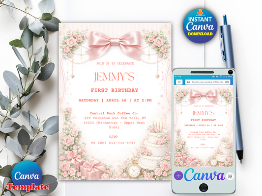 Editable Elegant Pink Rose 1st Birthday Invitation Template | Coquette Pink Bow Party Invite (Degital Template)