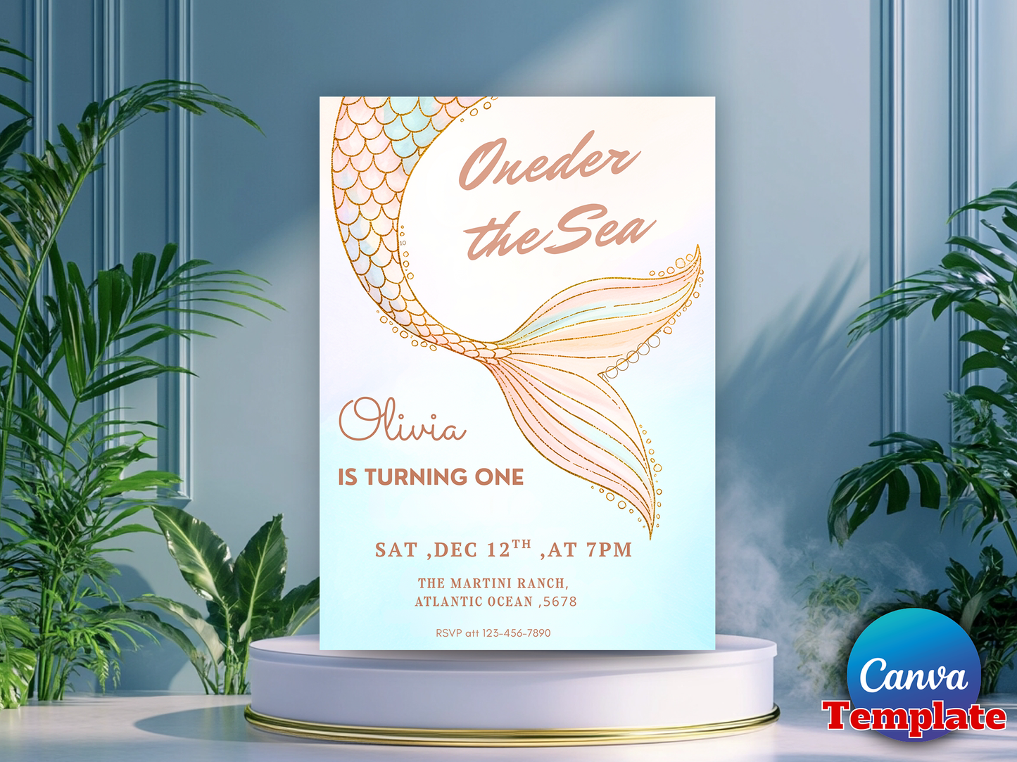Editable Mermaid ONEder The Sea 1st Birthday Invitation
