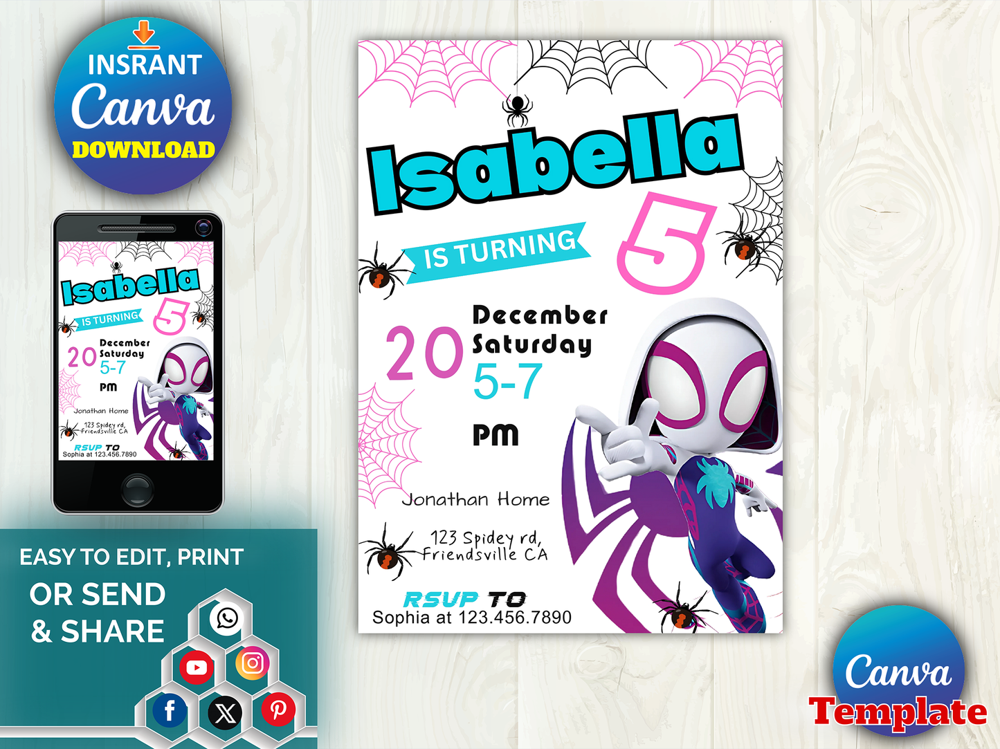 Ghost Spider Gwen Birthday Invitation Template - Editable Canva Digital Download