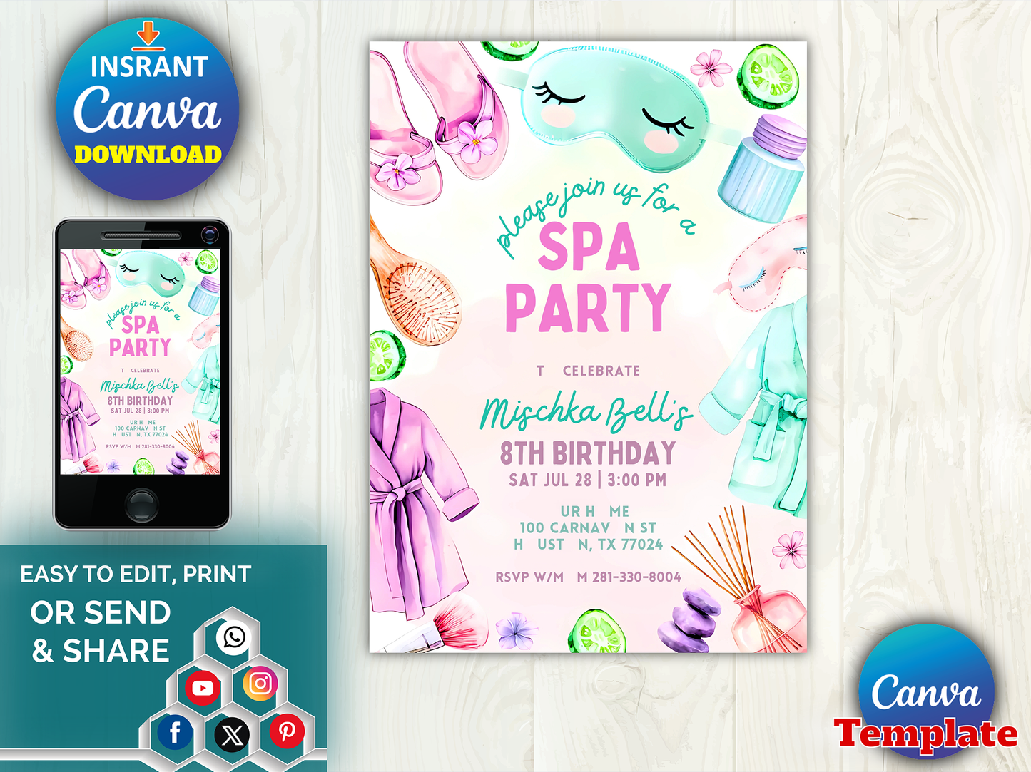 Watercolor Girls Spa Birthday Invitation Template - Editable Canva Digital Download