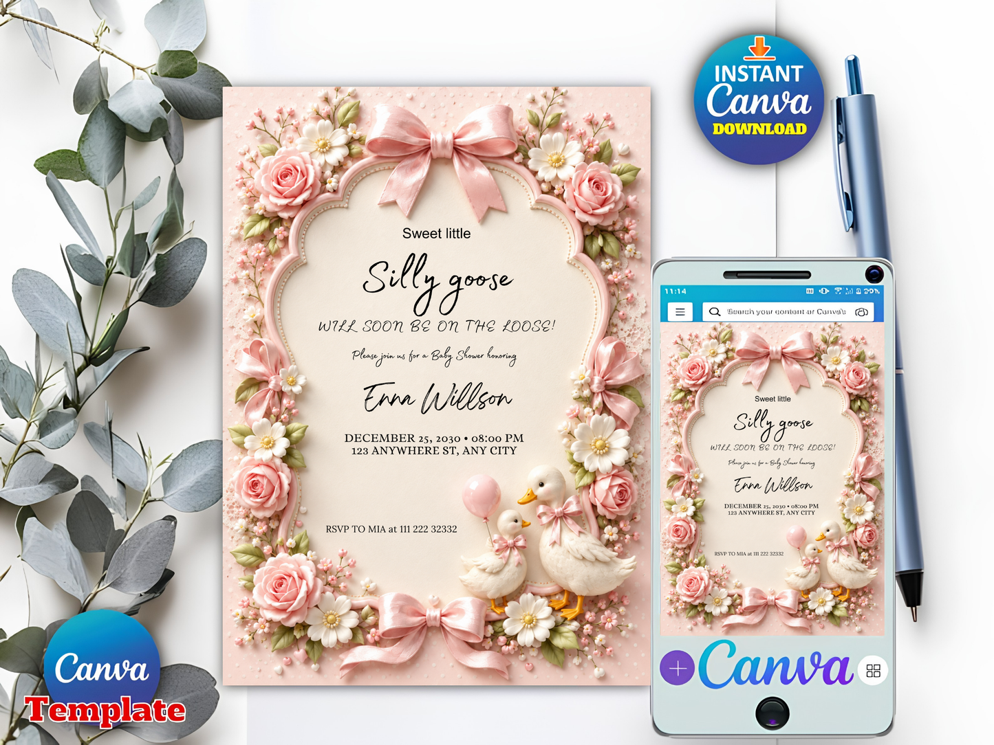 Silly Goose Girl Baby Shower Invitation: Coquette Pink Bow Goose Digital Download (5"x7" Editable Template)