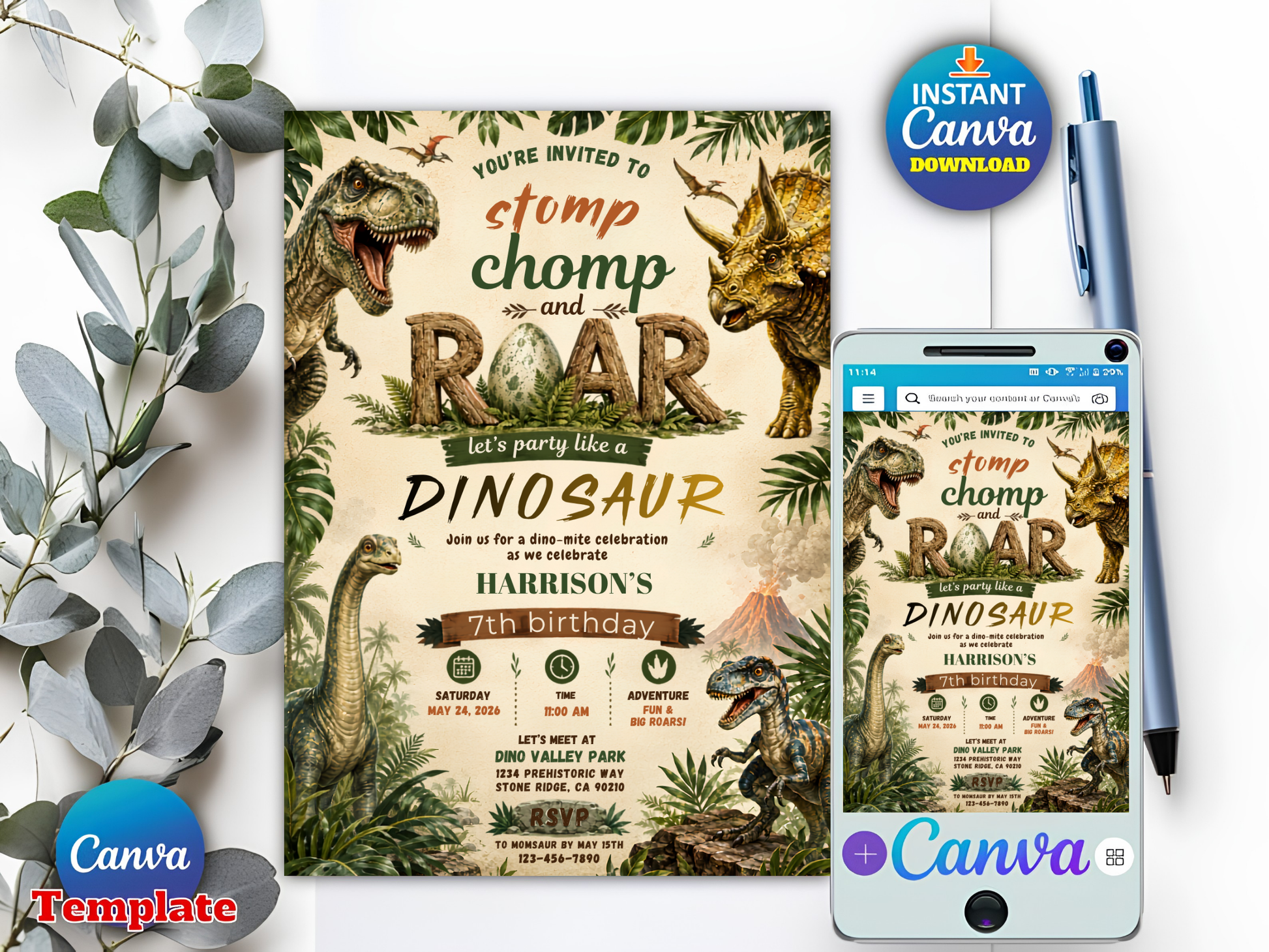 A dinosaur-themed birthday invitation template shown on a printed card and a smartphone screen, with Canva branding and an 'Instant Canva Download' badge. The design features illustrated dinosaurs, tropical foliage, and decorative leaves on a white background.