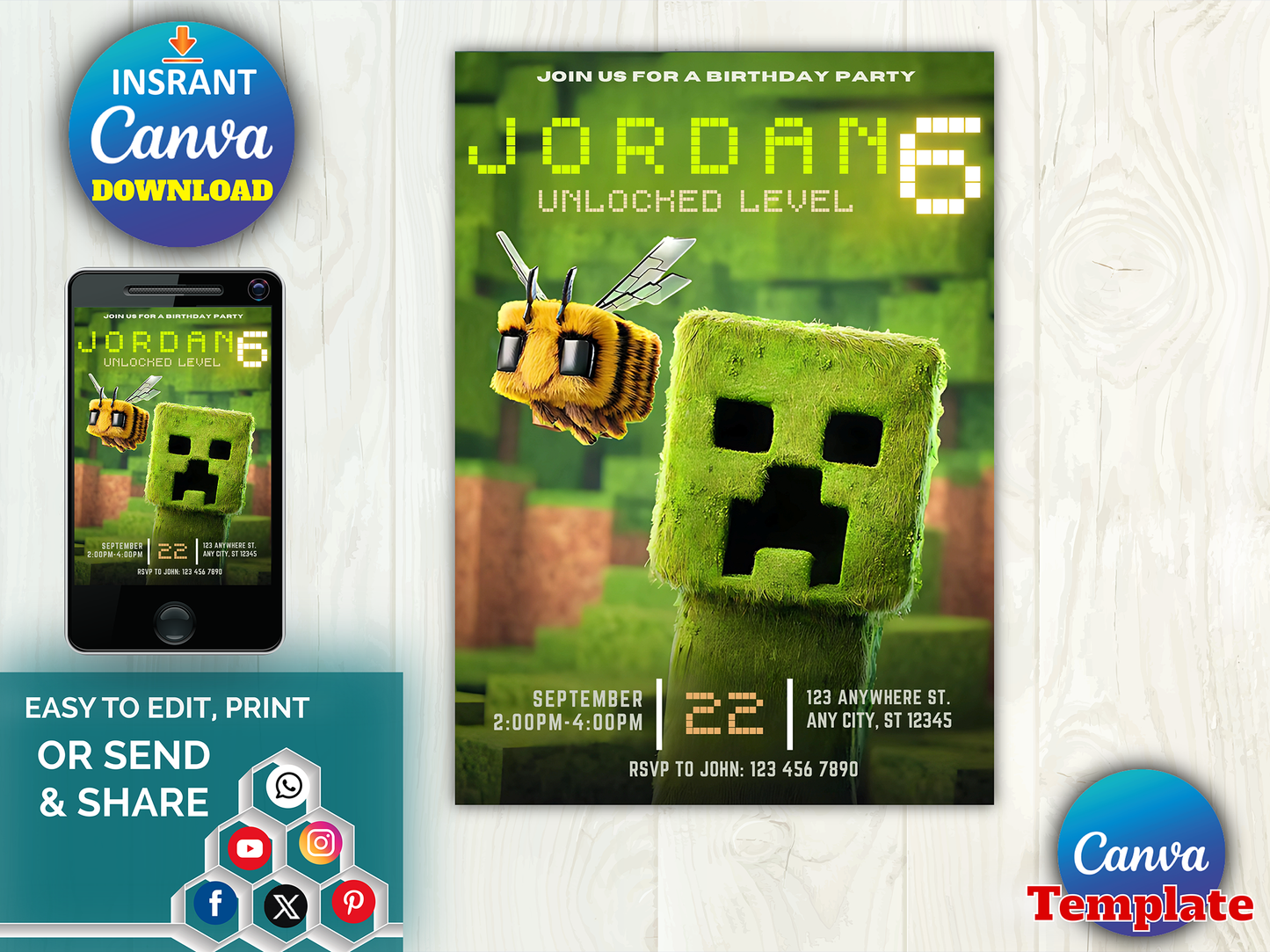 Minecraft Creeper Unlocked Level 6 Theme Birthday Invitation Canva Template