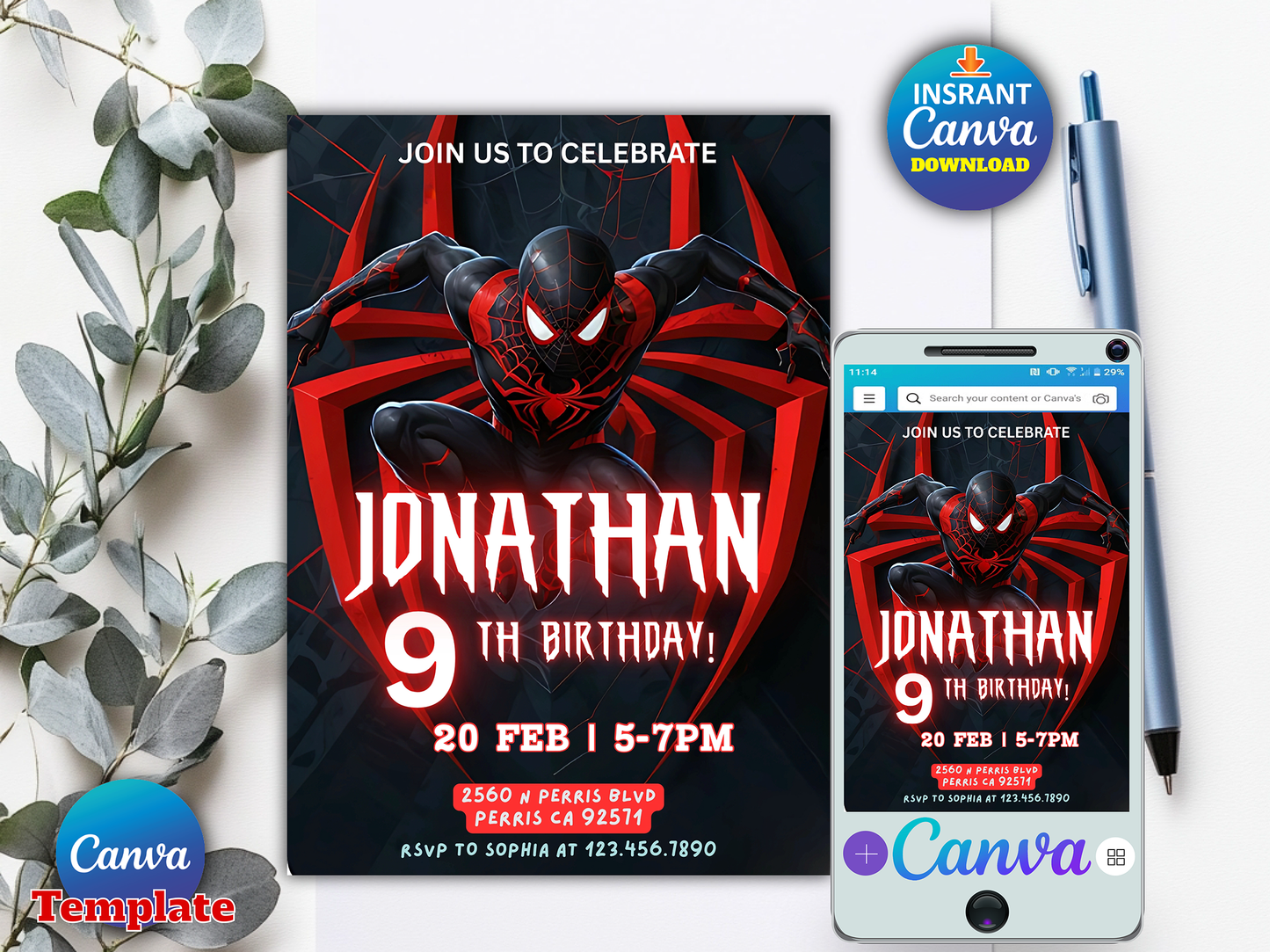 Spider-Man Miles Morales Themed 9th Birthday Invitation Canva Template