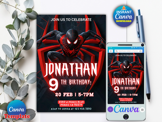Spider-Man Miles Morales Themed 9th Birthday Invitation Canva Template