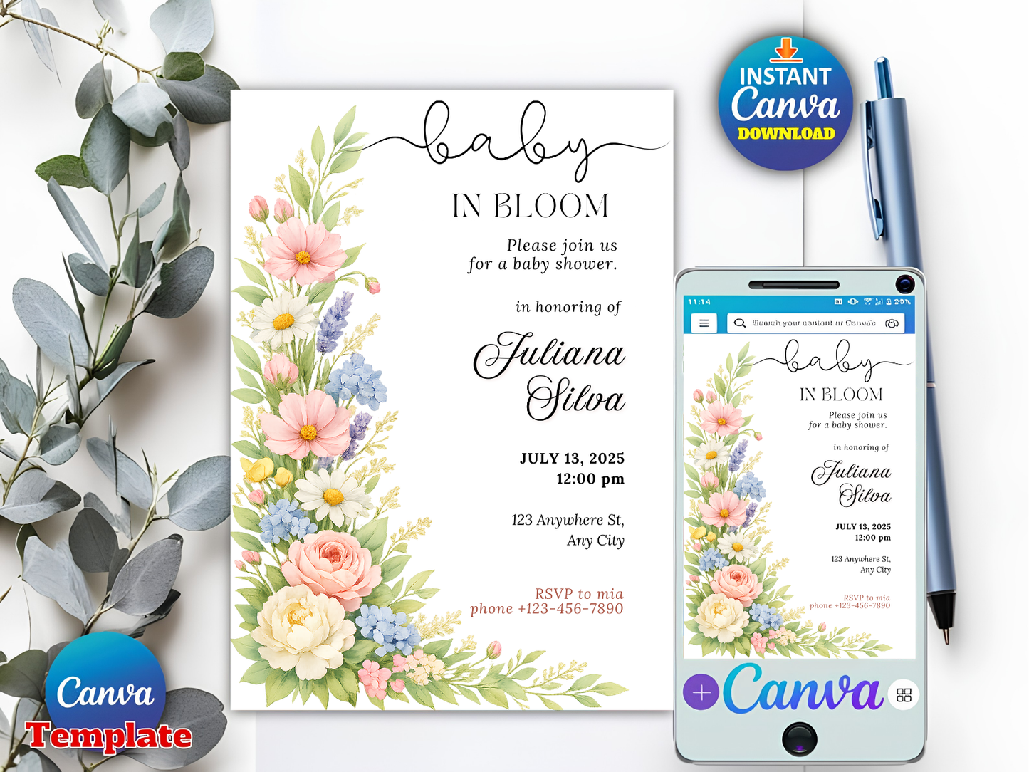 Wildflower baby shower invitation desktop and mobile Canva template