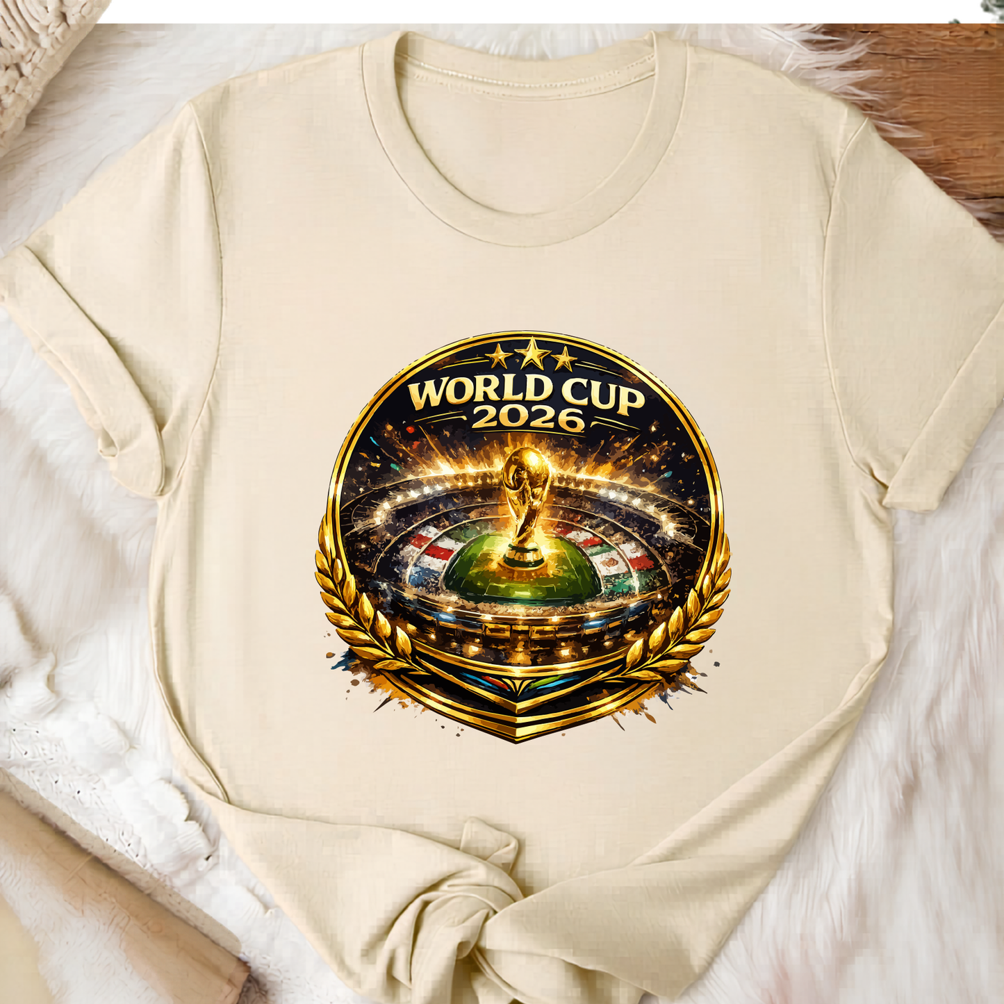 FIFA World Cup 2026 Golden Stadium Emblem Black Graphic T-Shirt (physical)