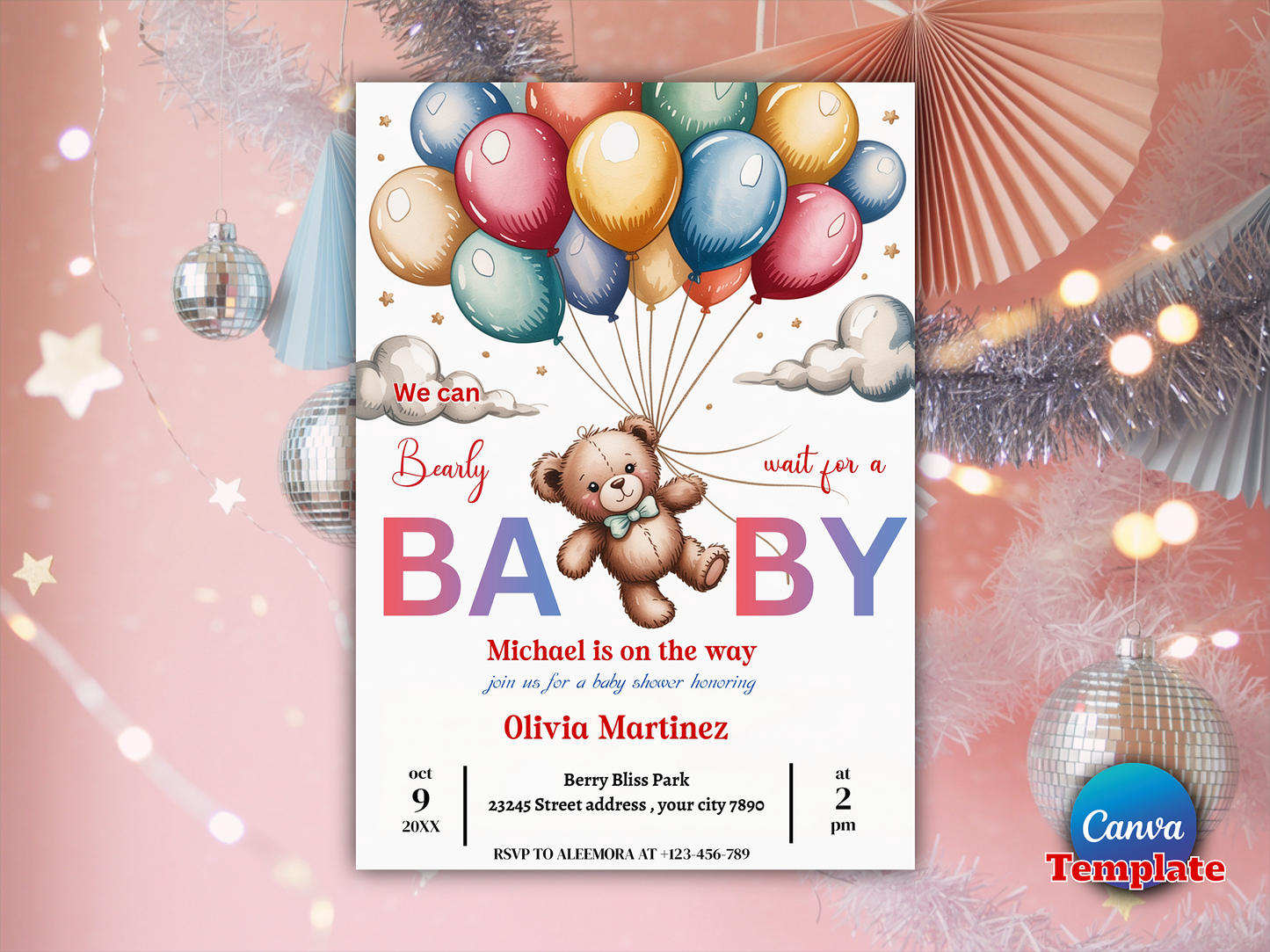 Editable Brown Bear Balloon Baby Shower Invitation