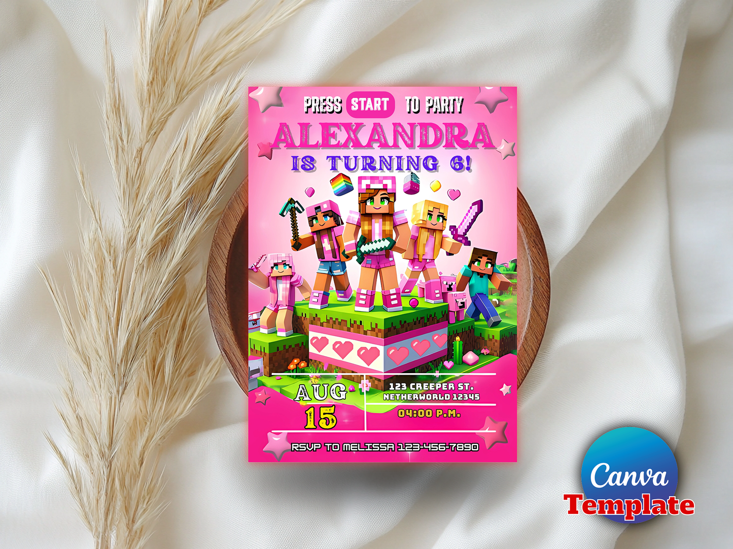 Pink Minecraft Girls Birthday Invitation Template - Editable Canva Digital Download