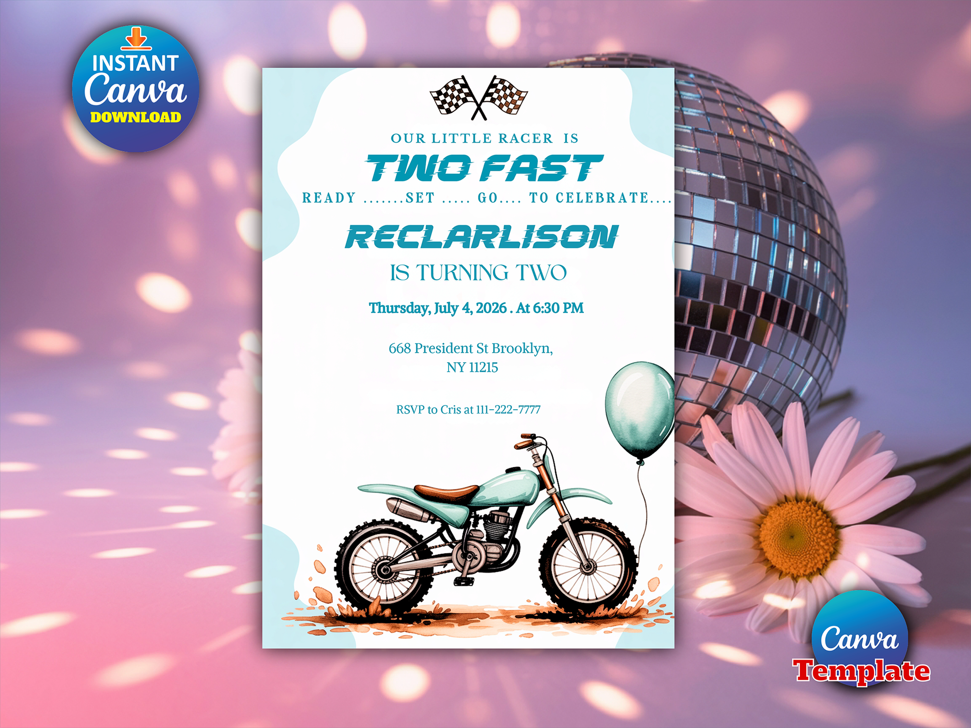 A customizable instant Canva download invitation template for a 2nd birthday racehorse-themed party, shown as a digital mockup with a disco ball and daisy on a pink background.
