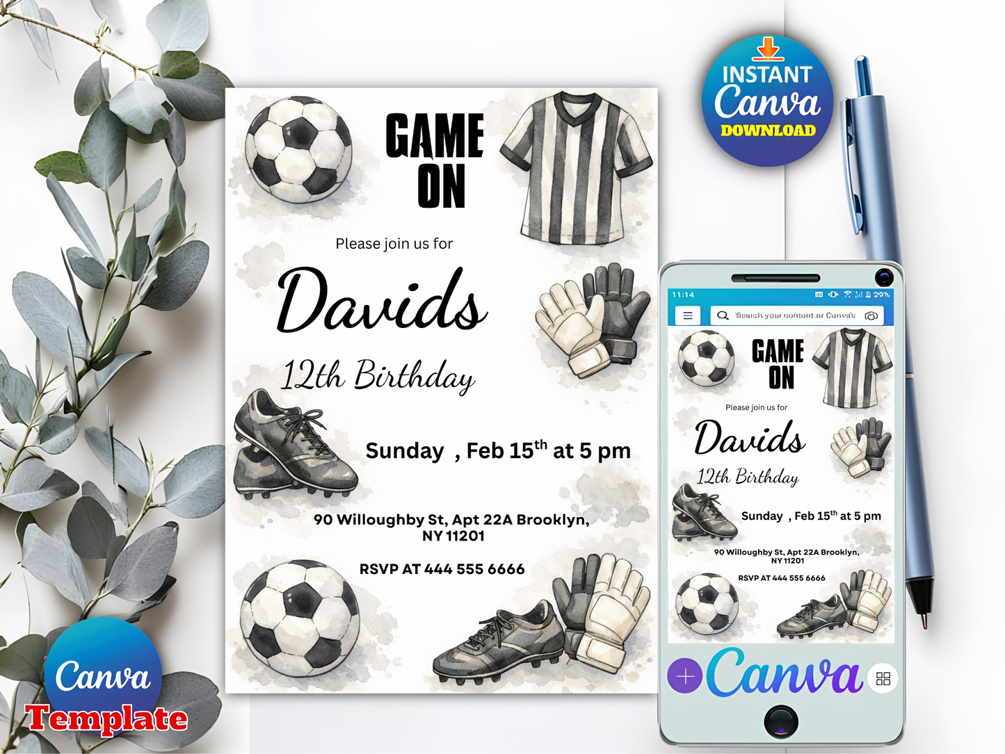 Editable Soccer Party Invite, Sports Theme, Kids Football Birthday