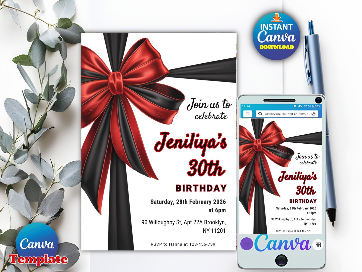 30th Birthday Invitation: Elegant Black Bow, Coquette Style