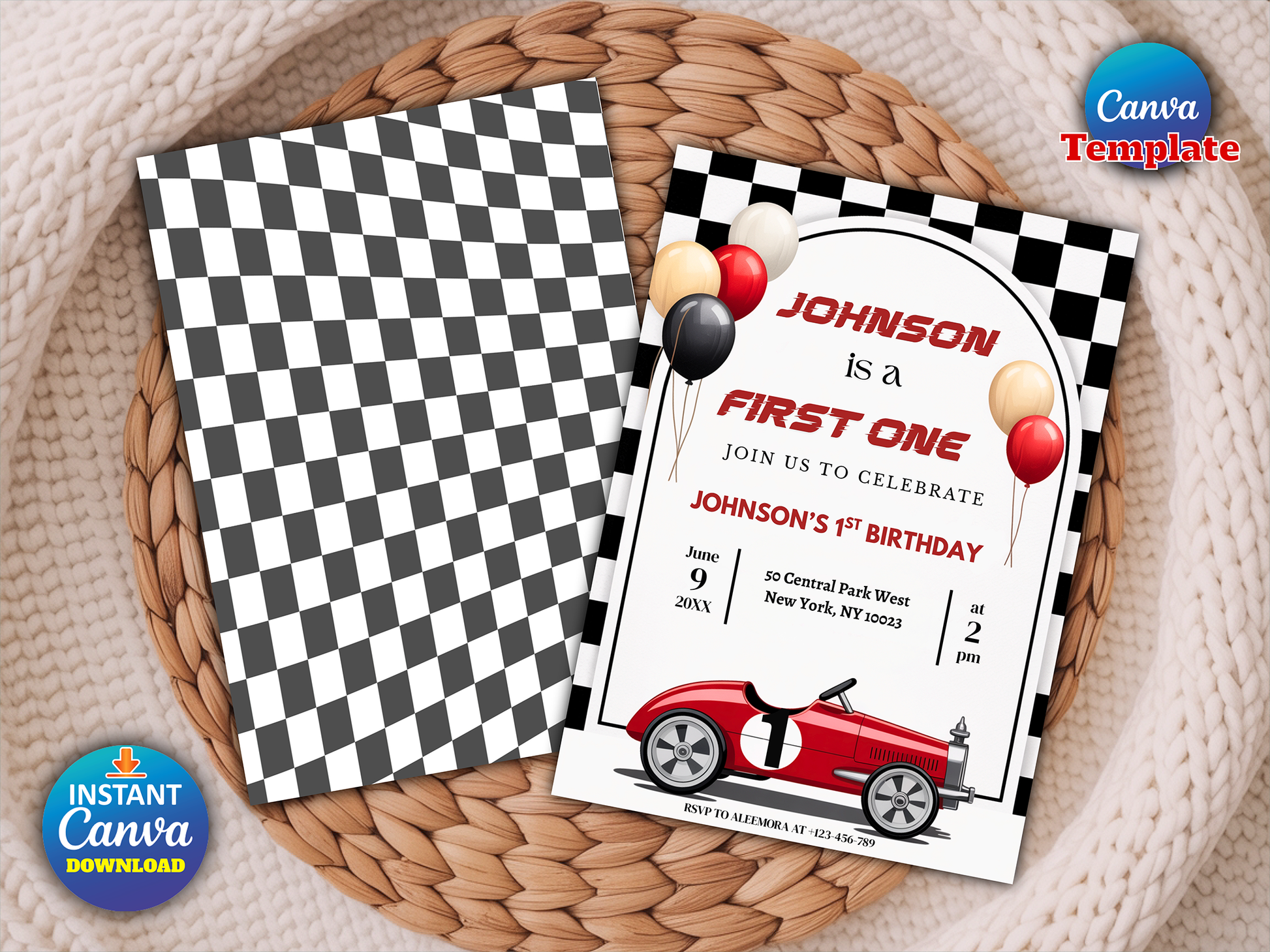 A race-themed first birthday invitation template displayed on a woven basket over a cream knit blanket. The invitation features a black and white checkered border, red and black text, a red vintage race car, and colorful balloons.