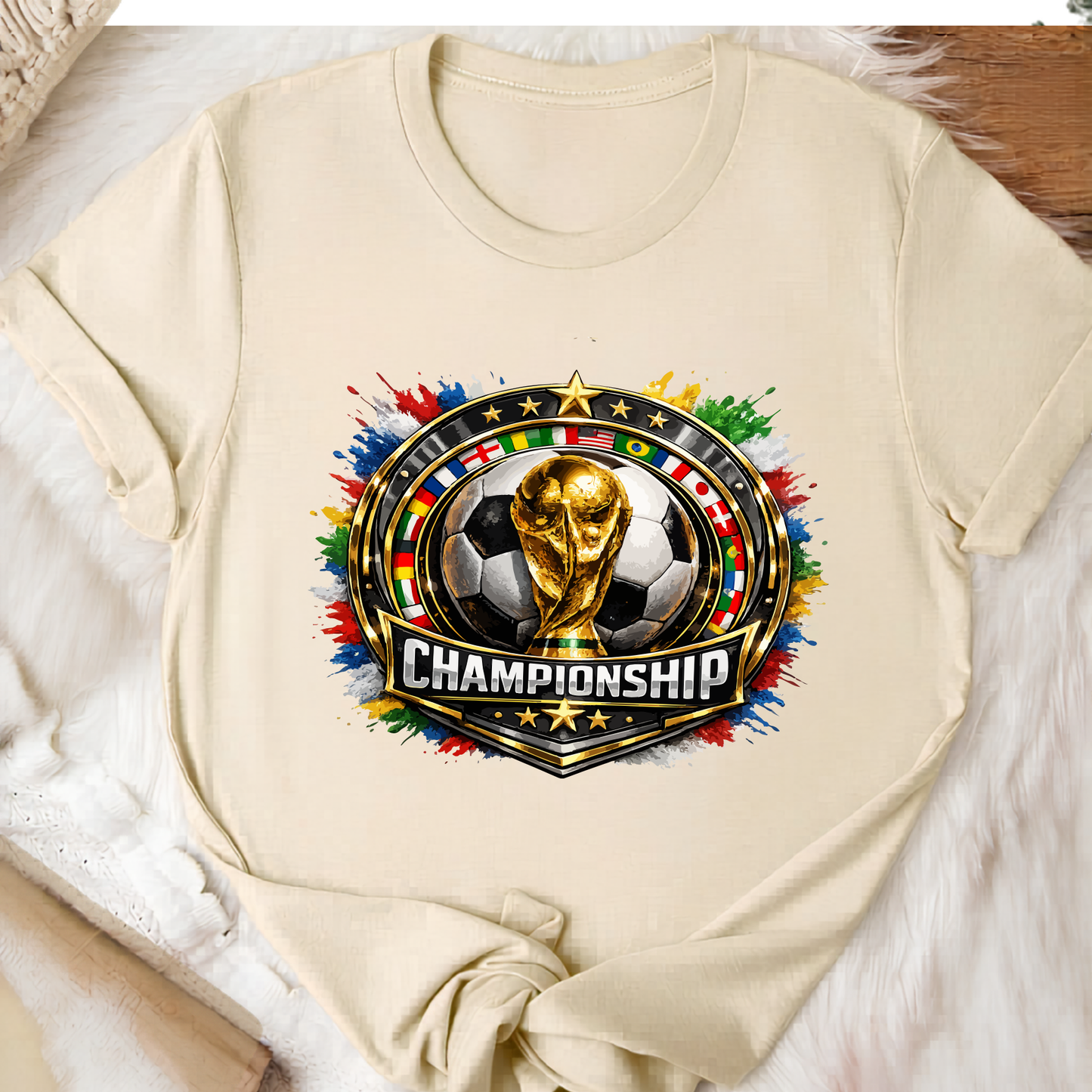 World Cup Soccer Championship Gold Emblem T-Shirt - Global Football Fan Graphic Tee (physical)