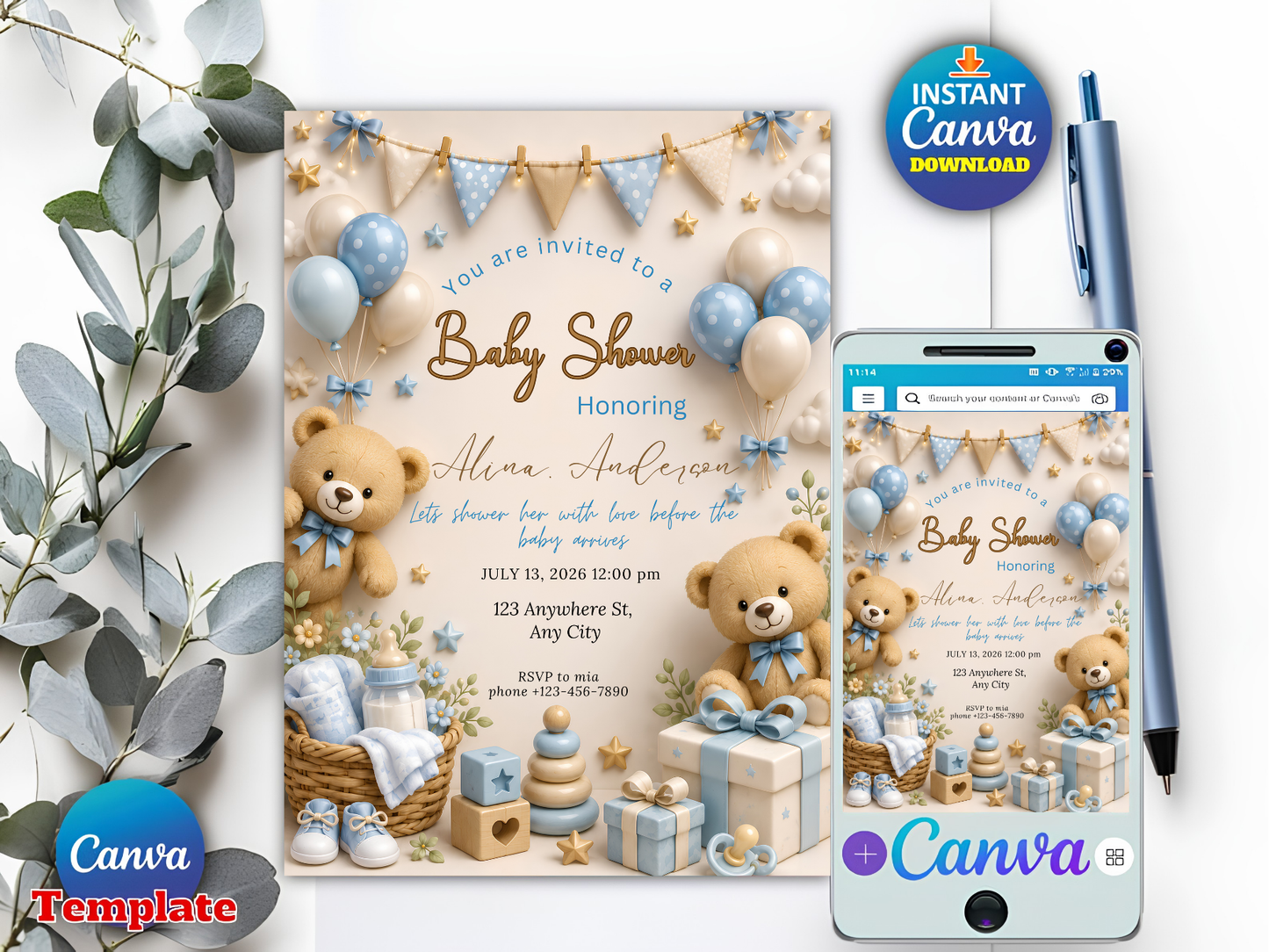 Baby Shower Invitation Template, Editable Canva Baby Shower Invite, Teddy Bear Baby Shower Invitation, Blue Boy Shower, Instant Download