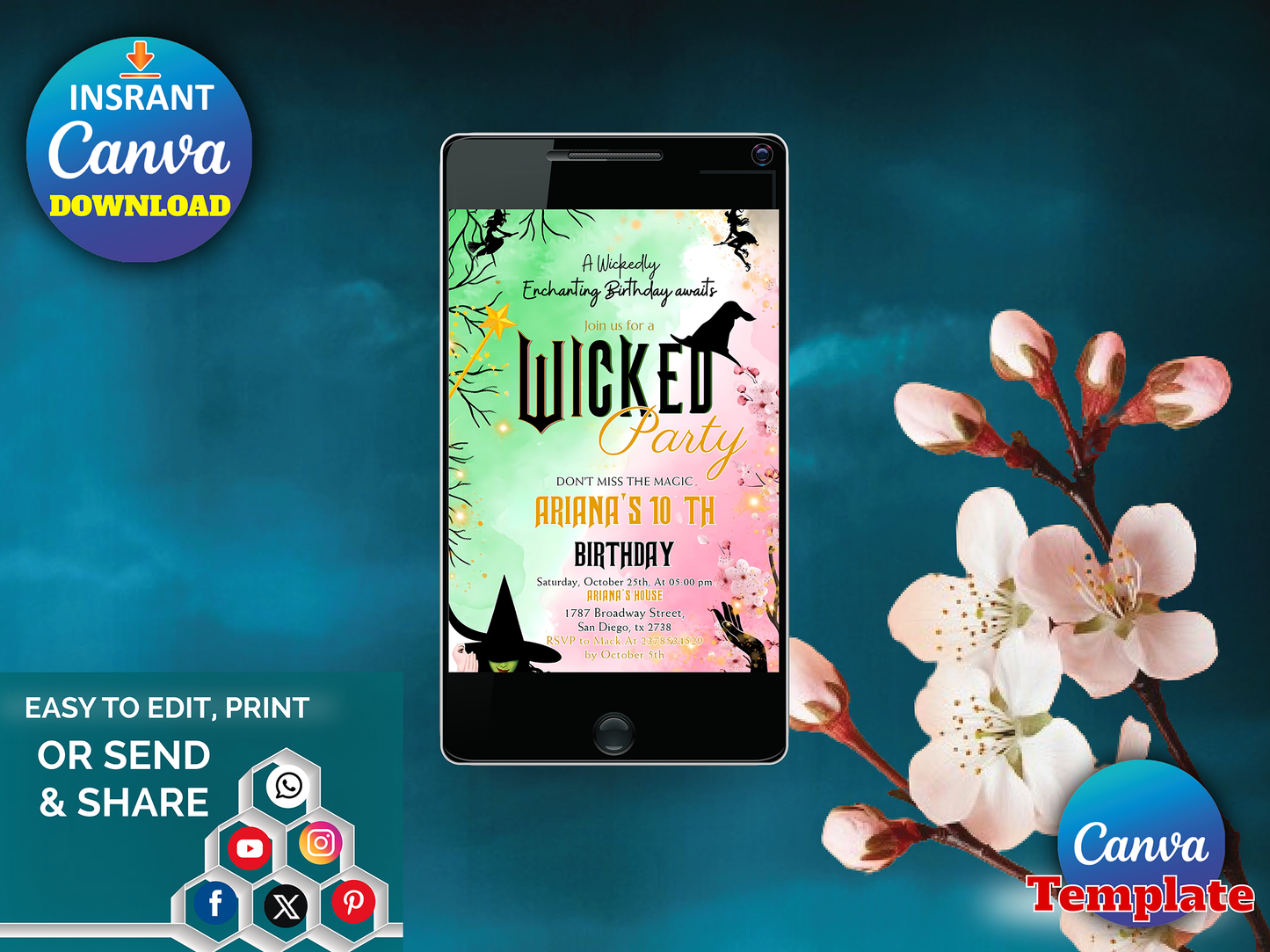 Wicked 10th Birthday Invitation Template – Enchanting Witch Theme Party Invite Editable