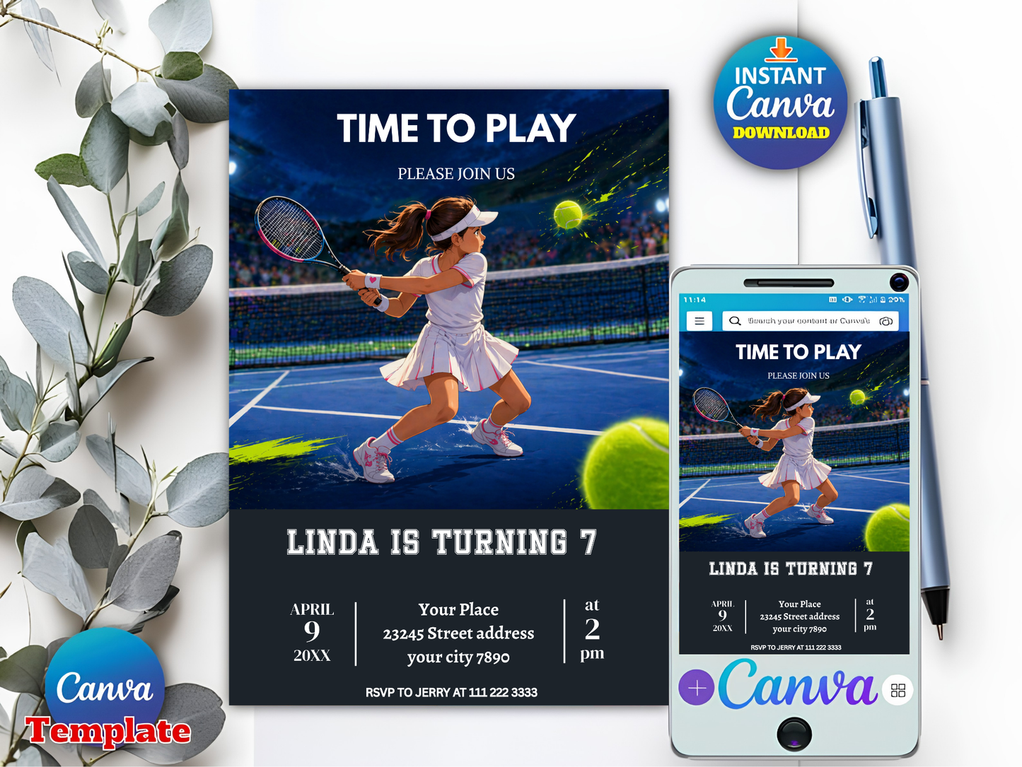 Tennis Birthday Invitation: Pink Preppy Girls Sports Party Reveal Editable Canva Template (Digital Download Design)