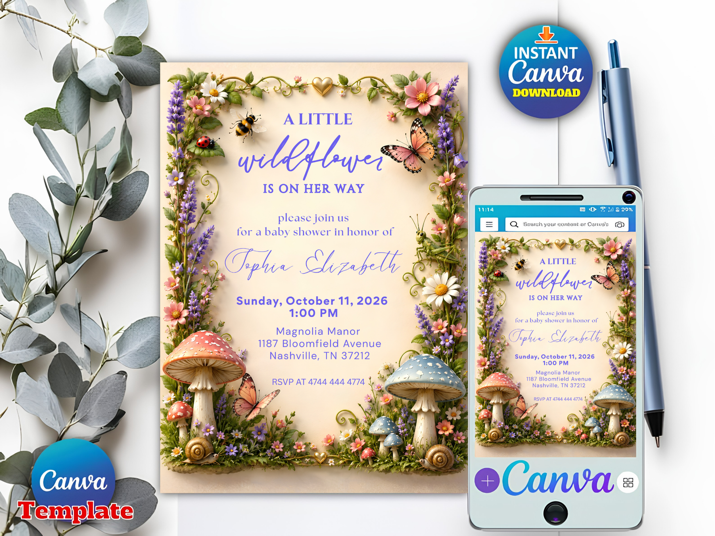 Love Bug Baby Shower Invitation, Spring Garden Shower Invite, Whimsical Floral Baby Shower Invitation, Editable Baby Shower Canva Template