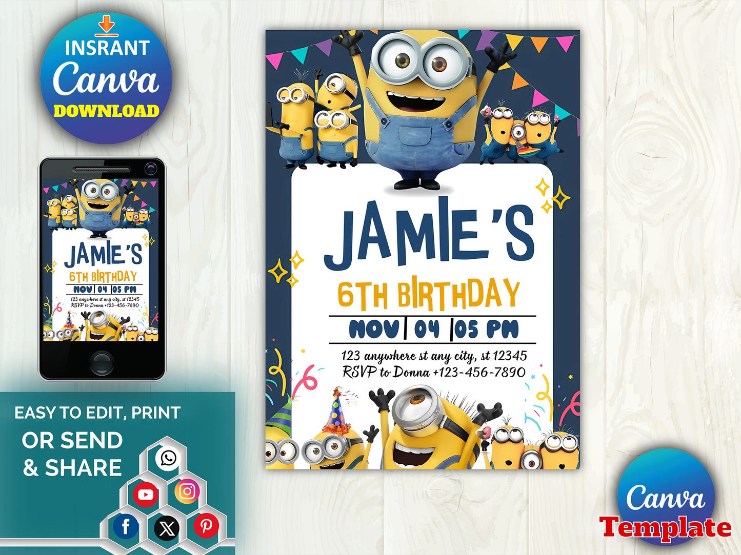 Editable Minions 6th Birthday Invitation Template – Despicable Me Birthday Party Invite