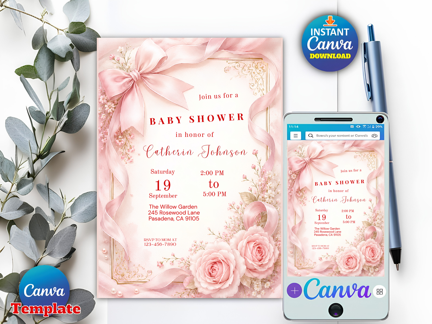 Blush Pink Bow Baby Shower Invitation Template Baby Girl Shower Canva Template Elegant Pink Coquette Baby Shower Invitation Instant Download