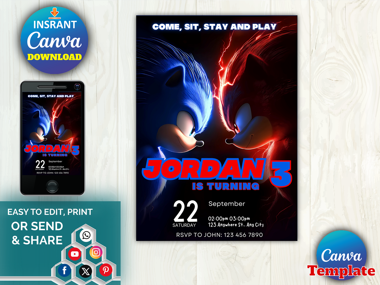 Sonic and Shadow Jordan 3rd Birthday Invitation Canva Template